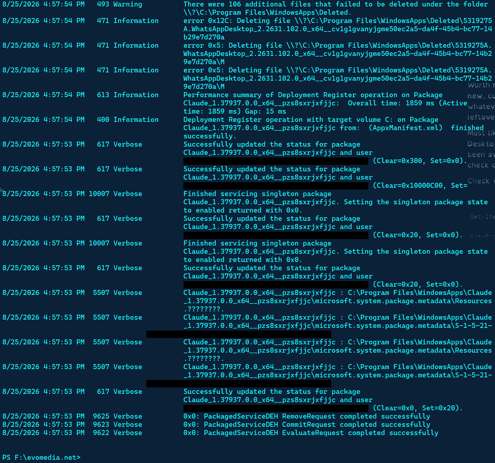AppXDeploymentServer log — registration succeeded in 1859 ms.