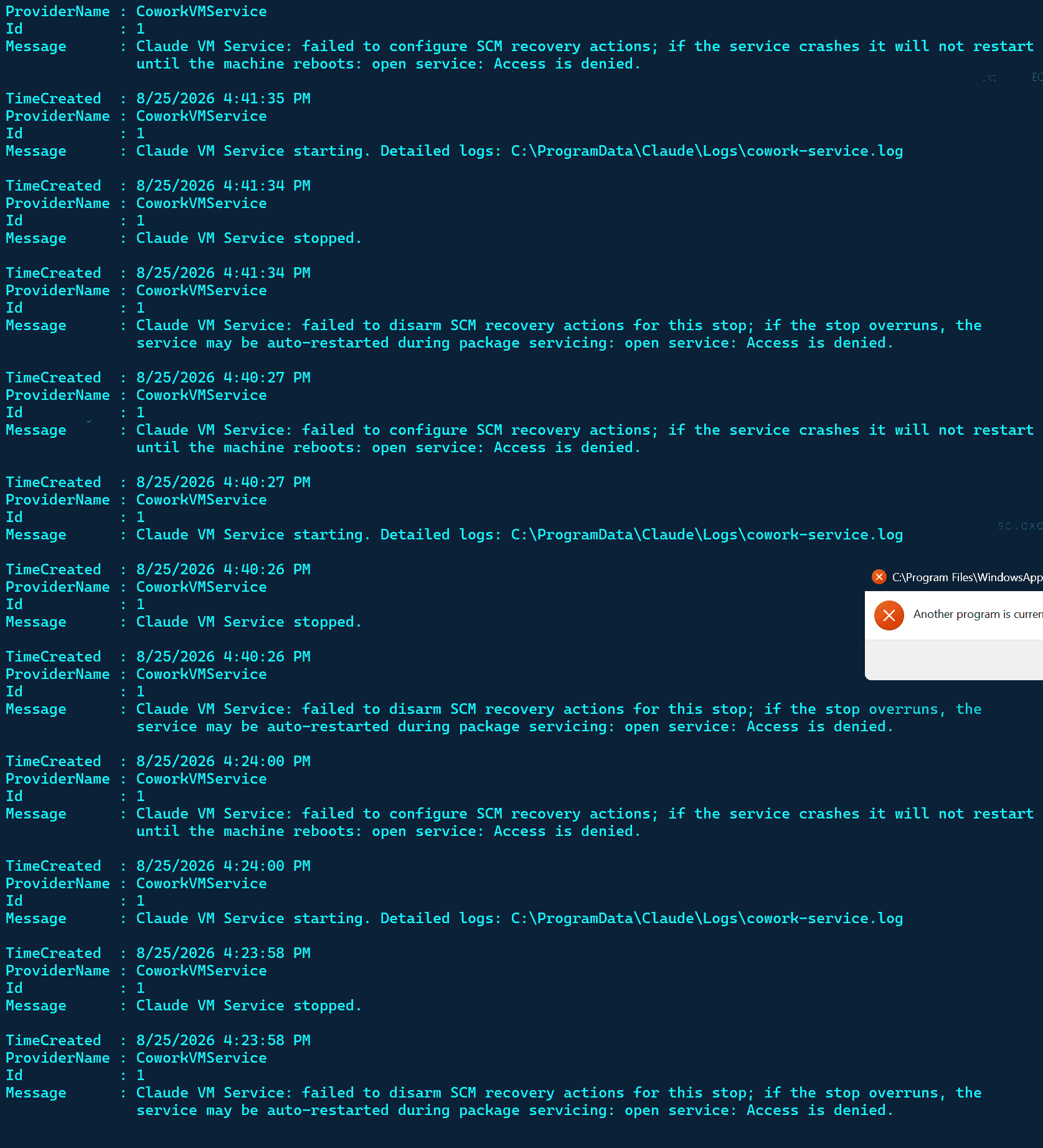 CoworkVMService events — SCM recovery-action denials and start/stop pairs.
