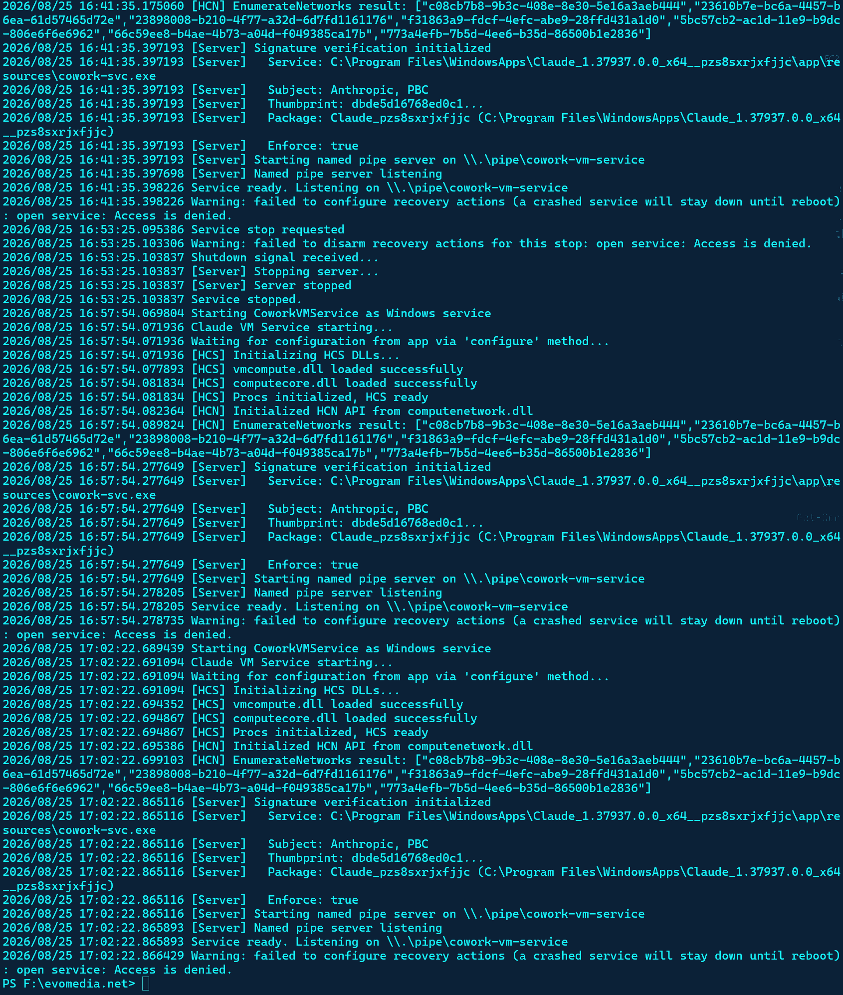 cowork-service.log — service reaches “Waiting for configuration from app”.