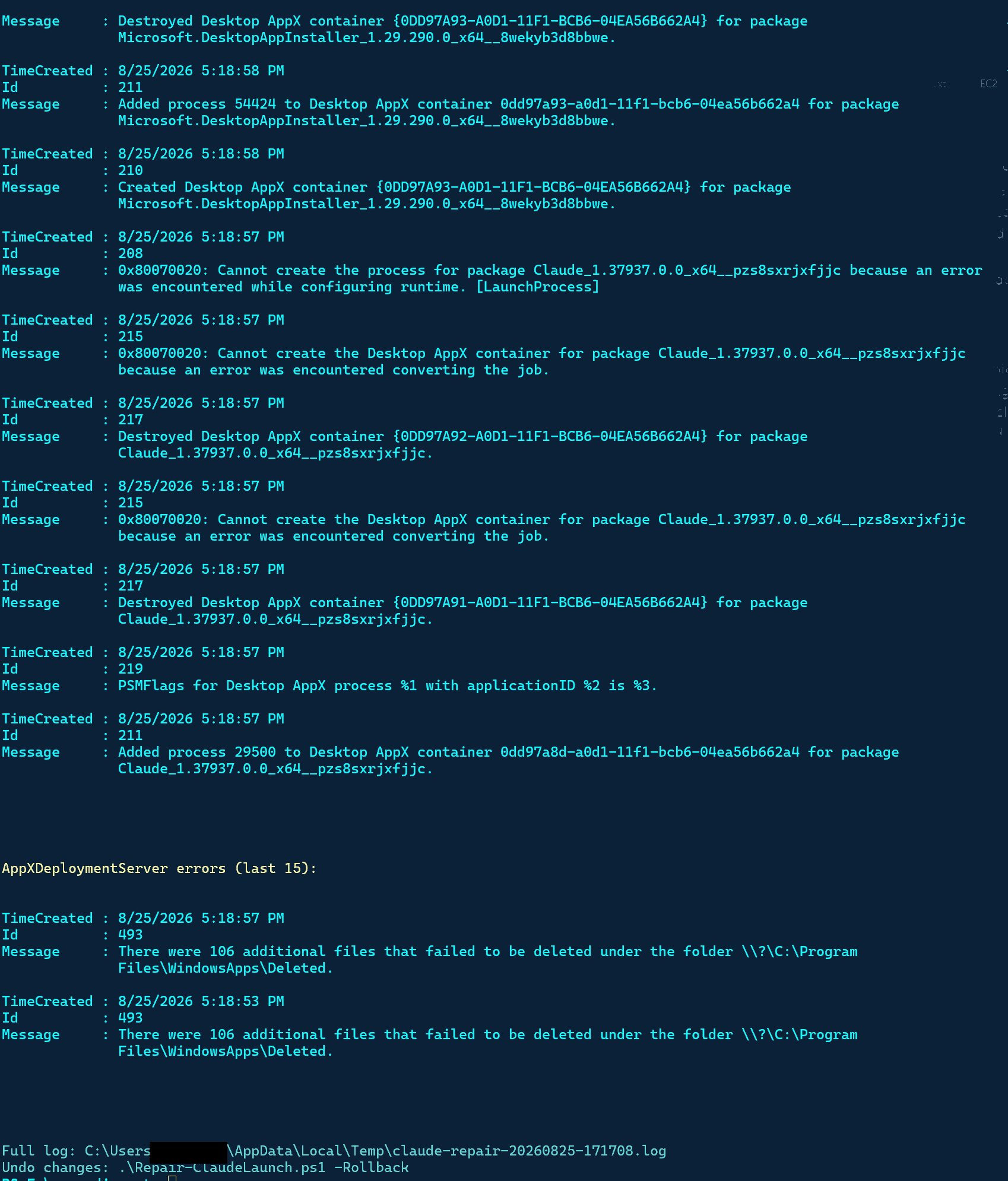 Repair script output: 0x80070020 “error encountered converting the job”.