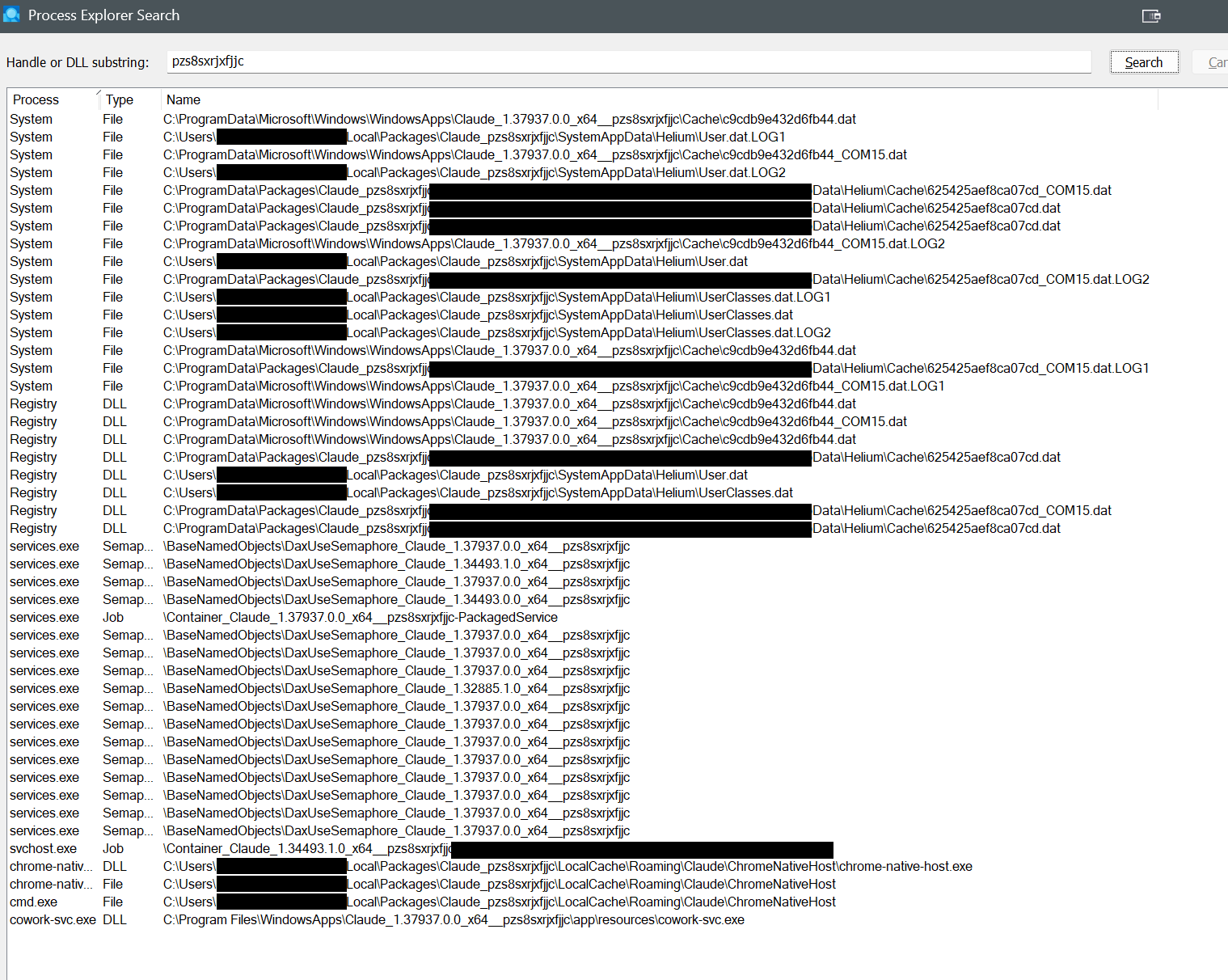 Process Explorer: the full handle map, including leaked container jobs.
