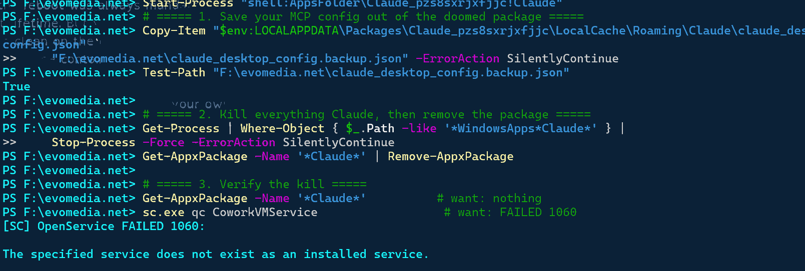 FAILED 1060 — package and service both gone.