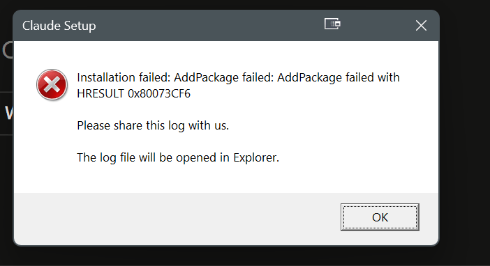 Reinstall: AddPackage failed with 0x80073CF6.