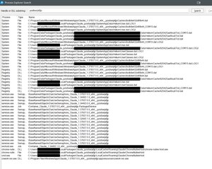 Process Explorer handle search listing container jobs and semaphores held by services.exe across several package versions