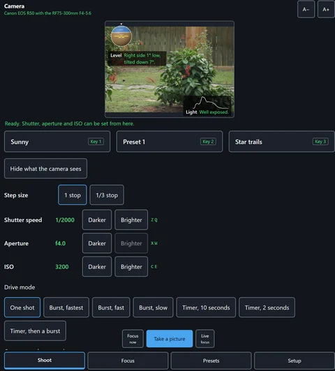 The evo.ablecamera shoot screen: a live view from the camera, three named presets each on a single key, and shutter, aperture and ISO each set by a labelled Darker and Brighter button