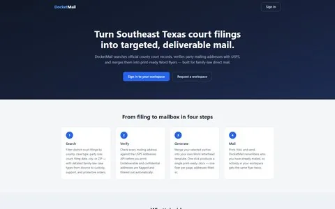 DocketMail landing page: turn Southeast Texas court filings into targeted, deliverable mail, with the four-step search, verify, generate and mail pipeline