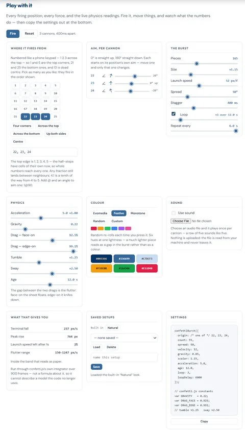 evo.confetti control panel: sliders for particle count, spread, drag and flutter, a numpad grid of twenty-five firing positions, and preset looks