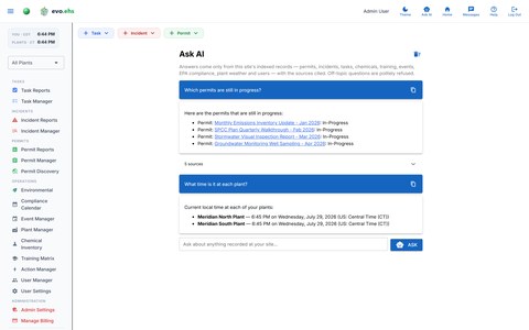 Ask AI panel in evo.ehs answering permit questions with cited sources