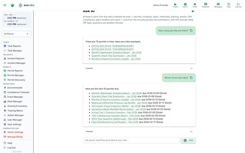 Ask AI panel in evo.ehs answering permit questions with cited sources